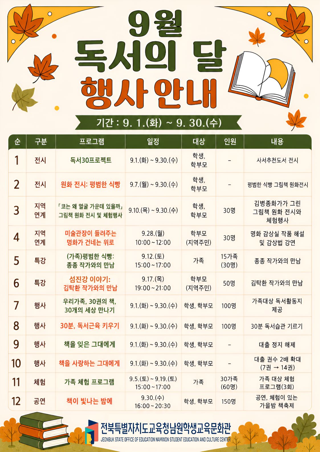 남원학생교육문화관, 9월 독서의 달 행사 운영