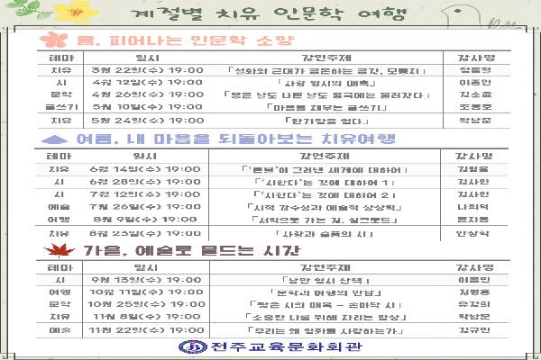 전주교육문화회관,  2023년 「마음을 채우는 끌림의 인문학: 계절별 치유 인문학」 강연 운영
