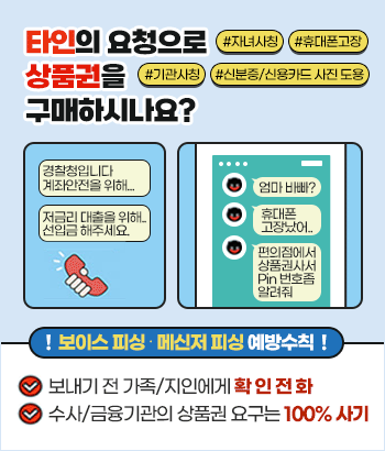 타인의 요청으로 상품권을 구매하시나요?
#자녀사칭 #휴대폰고장 #기관사칭 #신분증/신용카드 사진 도용
경찰청입니다 계좌안전을 위해... 저금리 대출을 위해.. 선입금해주세요.
엄마 바빠? 휴대폰 고장났어.. 편의점에서 상품권사서 Pin번호좀 알려줘
보이스 피싱·메신저 피싱 예방수칙
보내기 전 가족/지인에게 확인전화
수사/금융기관의 상품권 요구는 100% 사기