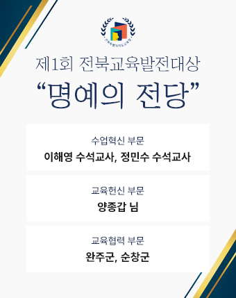 제1회 전북교육발전대상

수업혁신 부문: 이해영 수석교사, 정민수 수석교사

교육헌신 부문: 양종갑 님

교육협력 부문: 완주군, 순창군