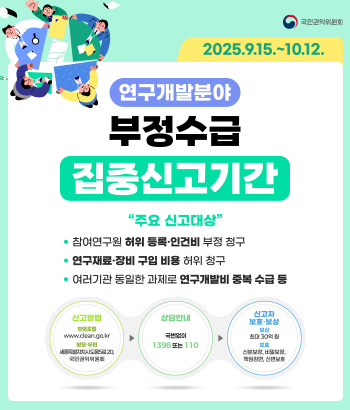 2025.9.15.~10.12.
연구개발분야
부정수급 집중신고기간
주요 신고대상
참여연구원 허위 등록·인건비 부정 청구
연구재료·장비 구입 비용 허위 청구
여러기관 동일한 과제로 연구개발비 중복 수급 등