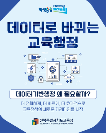 더 특별한 전북교육 학생중심 미래교육
데이터로 바뀌는 교육행정
데이터기반행정 왜 필요할까?
더 정확하게, 더 빠르게, 더 효과적으로 교육정책의 새로운 패러다임을 시작
전북특별자치도교육청
