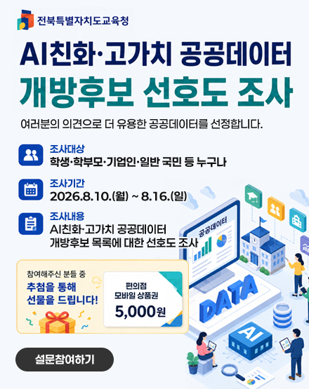 전북특별자치도교육청
AI친화·고가치 공공데이터 개방후보 선호도 조사
여러분의 의견으로 더 유용한 공공데이터를 선정합니다.
조사대상
학생·학부모·기업인·일반 국민 등 누구나
조사기간
2026.8.10.(월) ~ 8.16.(일)
조사내용
AI친화·고가치 공공데이터 
개방후보 목록에 대한 선호도 조사
참여해주신 분들 중 추첨을 통해 선물을 드립니다!
편의점 모바일 상품권 5,000원
설문참여하기