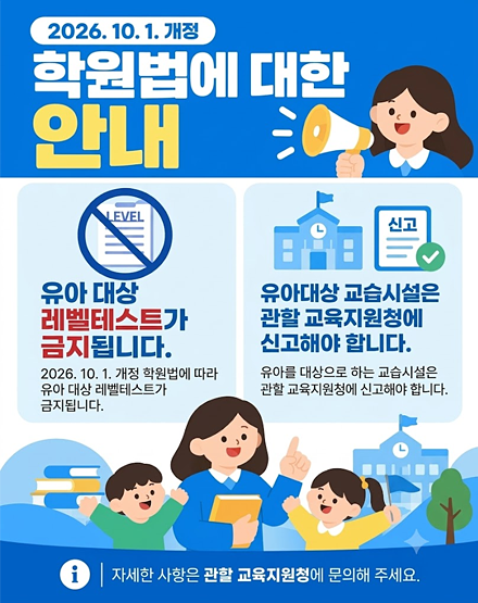 2026.10.1.개정 학원법에 대한 안내
유아대상 레벨테스트가 금지됩니다.
- 2026.10.1. 개정 학원법에 따라 유아 대상 레벨테스트가 금지됩니다.
유아대상 교습시설은 관락 교육지원청에 신고해야 합니다.
- 유아를 대상으로 하는 교습시설은 관할 교육지원청에 신고해야 합니다.
자세한 사항은 관할 교육지원청에 문의해 주세요.