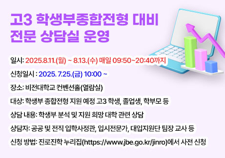 고3 학생부종합전형 대비 전문 상담실 운영
-일시: 2025.8.11.(월) ~ 8.13.(수) 매일 09:50~20:40까지
-장소: 비전대학교 컨벤션홀(열람실)
-대상: 학생부 종합전형 지원 예정 고3 학생, 졸업생, 학부모 등
-상담 내용: 학생부 분석 및 지원 희망 대학 관련 상담
-상담자: 공공 및 전직 입학사정관, 입시전문가, 대입지원단 팀장 교사 등
-신청 방법: 진로진학 누리집(https://www.jbe.go.kr/jinro)에서 사전 신청